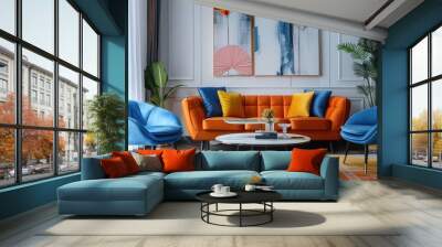 80s-style concept interior: elegant retro living room with orange sofa, blue/yellow armchairs, ergonomic couch Wall mural