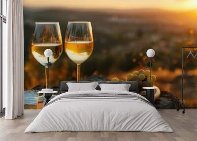 A delightful outdoor spread at sunset: two glasses of white wine paired with a wooden plate of cheese and nuts. Wall mural