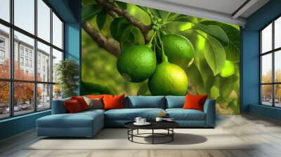 A garden lime tree is a great source of vitamin C. Citrus limes in green organic form are hanging from a tree. Generative AI Wall mural