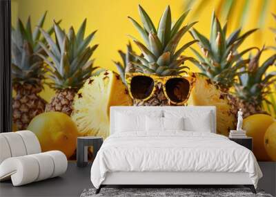 A group of pineapples and a stylish coconut sporting shades against a sunny yellow backdrop Wall mural