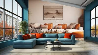 a mockup in warm living room with boho decoration. Wall mural