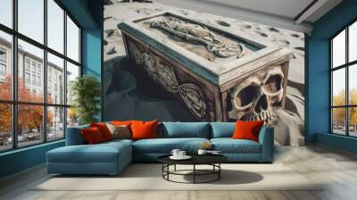 a picture of a coffin and a skull taken on the beach. Generative AI Wall mural