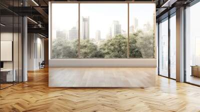 A spacious room with white walls and a light wooden floor, featuring a single aluminum window with a sweeping view of a bustling cityscape below. Wall mural