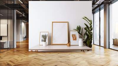 a table with an empty picture frame on a white background serving as a product display. Generative AI Wall mural