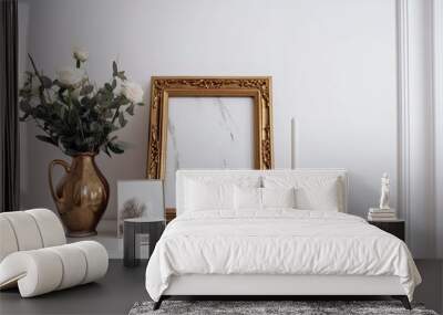 a table with an empty picture frame on a white background serving as a product display Wall mural