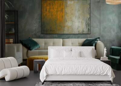 Abstract painting hangs on the grey wall in a vintage living room, featuring a beige sofa, dark green armchair, and a yellow pouf with a book. Wall mural