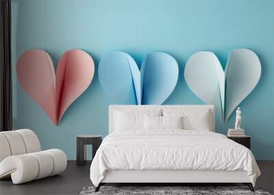 Abstract paper heart shapes on blue pastel background for greeting cards and invitations. Wall mural