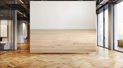 An empty room featuring a wooden floor and white walls. The space appears unoccupied with a simple yet elegant design. Wall mural