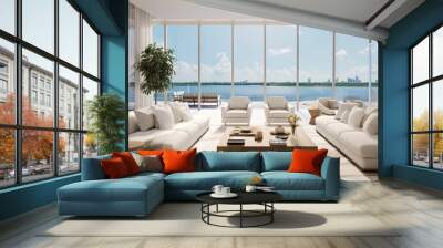 April 2020 in South Florida boasts a sleek living space that offers breathtaking vistas of the bay and city through expansive floor to ceiling windows. The minimalist white interior is adorned with Wall mural