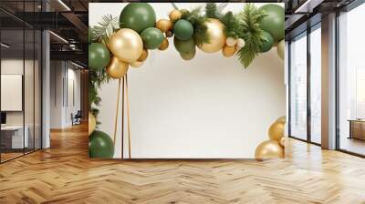 Autumn themed decorations for wedding ceremony and birthday party including green and brown balloons golden accents paper leaves and a photo wall Wall mural