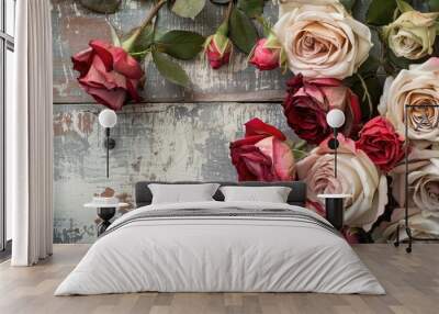 Background of vintage roses on aged wooden background with room for artistic Mother's Day message. Wall mural