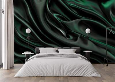 Black silk fabric with green stripes, wrinkled texture. Abstract dark green background template. Wall mural