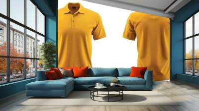 Blank collared shirt template for both front and back views isolated on a white background, showcasing a simple yellow t-shirt mockup. Ideal for presenting polo tee designs for printing. Wall mural