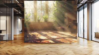 Bohemian interior with modern elements and sunlight shadows. Wall mural