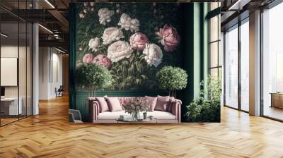 bouquet of peonies inside a lovely balcony with green walls, a couch, an armchair, and two coffee tables. Generative AI Wall mural