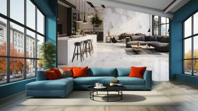 Carrara marble used for interior decoration with abstract ceramic tiles and floor surface. Wall mural