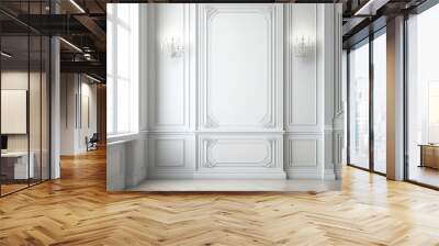 Classic white interior with wooden flooring, moldings, and wall panels. mock up for an illustration. Generative AI Wall mural