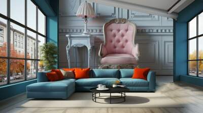 Classical pink armchair in vintage room with desk lamp Wall mural