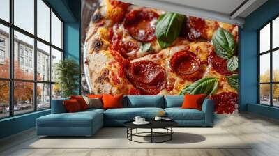 Close-up of spicy pepperoni pizza with fresh basil Wall mural