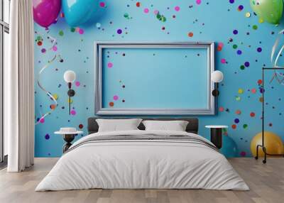 Colorful balloons, silver frame, and confetti on a blue background seen from above. Ideal for birthday or party planning. Presented in a flat lay style with room for adding text. Wall mural