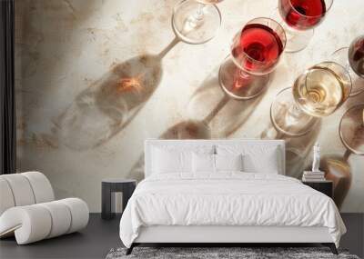 Concept of wine tasting with an arrangement of red, pink, and white wine glasses under sunny lighting. Overhead view with space for text, in a banner format. Wall mural