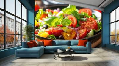 Diet meal consisting of a bowl of vegetable salad and a weight scale. Wall mural