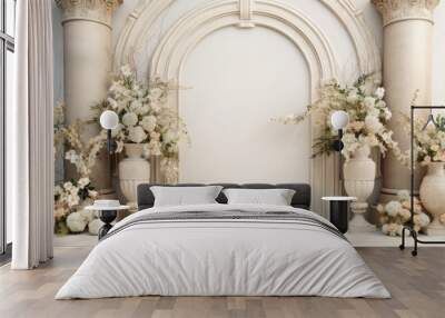 Elegant wedding arch adorned with tall vases and flowers Wall mural