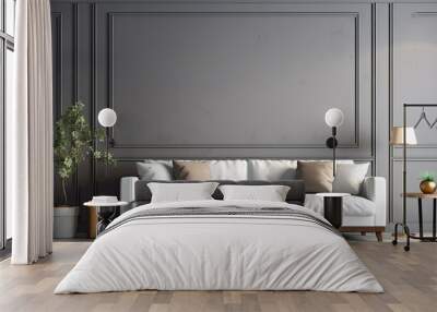 Empty grey wall accents a stunning living room interior styled with a retro flair. Wall mural