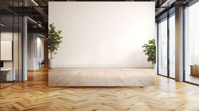 Empty white room with a wooden floor and plants. Wall mural