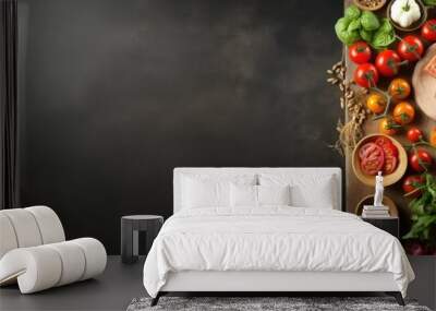 Empty wooden board on concrete table with cooking ingredients presented as a food mockup. Another food mockup featuring a wooden board with textile and tomatoes for a food menu. Included are Wall mural