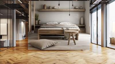 empty wooden desk, shelf, or table with hazy view of contemporary bedroom with bed with bench, closet, mirrors, and decorations Wall mural