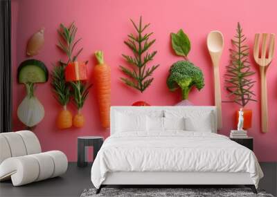 Engaging and natural children's meal with adorable vegetable trees made of fresh ingredients like carrots, zucchini, onion, red pepper, and rosemary, set on a bright pink background Wall mural