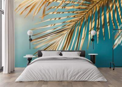 Engaging and Natural Title: Blue abstract background with golden palm leaf pattern texture for tropical summer graphic design. Vintage color style with copy space. Wall mural