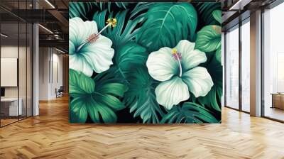 Exotic green pattern with Monstera leaves and hibiscus flowers in a summer design. Wall mural