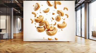 Fresh, delicious cashew nuts falling in the air in a set against a white background. Concept of levitating food. image with high resolution. Generative AI Wall mural