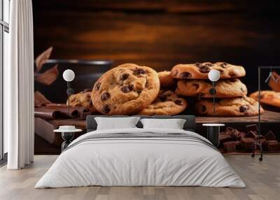 Freshly baked chocolate chip cookies on dark, old wooden table with space for text. Wall mural