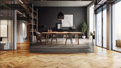 Front view of a dark living room with a white poster on the wall that is blank, a dining table and chairs, a grey wall, a bookcase full of books, and a concrete floor. minimalist design principle. a m Wall mural