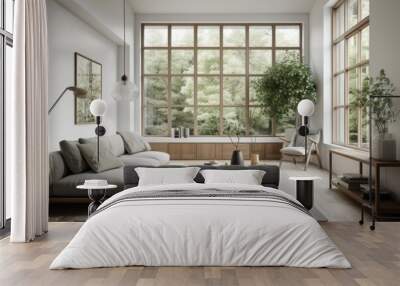 Front view of a living room with numerous windows, two seats, a coffee table, and a long gray sofa Wall mural