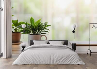 Front view of a wooden desk with a coffee mug and a houseplant, providing space for work and copying. Wall mural