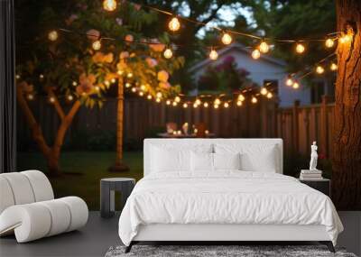 Garden party aglow with decorative string lights, setting a festive mood. Wall mural