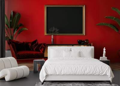 Golden cupboard and black poster in red-walled living room Wall mural