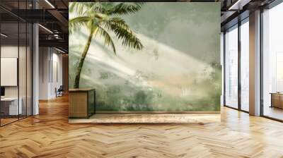 Green wallpaper with a textured palm tree design on the wall, under the sky. Wall mural