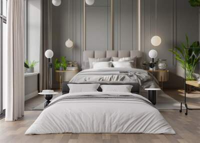 Grey bedroom with bed, headboard, gold tables, and plants. Wall mural