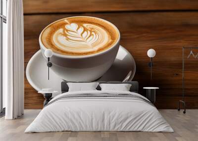 Hot latte or cappuccino made with milk on a wooden table with empty space. Wall mural