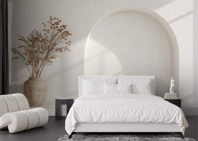 Interior decor: vintage living room with white arch niche, minimal style, ceramic vase with dried plant. Wall mural