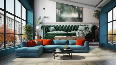 interior design of a white living room with a green sofa, a wooden table, and stylish decor. Generative AI Wall mural