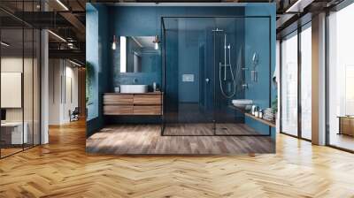 Interior of a blue bathroom with a wooden floor, a glass enclosed shower, and a gap in the wall. a mockup. Generative AI Wall mural