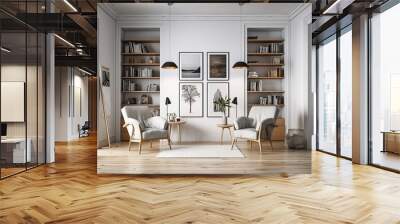 Interior of a chic living area, office lounge, or home library with white walls, a wooden floor, two cozy armchairs, and a bookcase made of gray and wood. fake vertical poster frame. Generative AI Wall mural