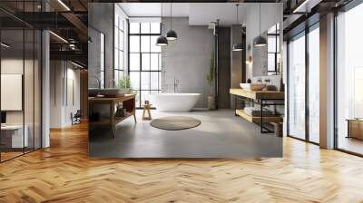 Interior of a gray loft bathroom with a concrete floor, white tub, little chair, and two sinks with mirrors above them. Generative AI Wall mural