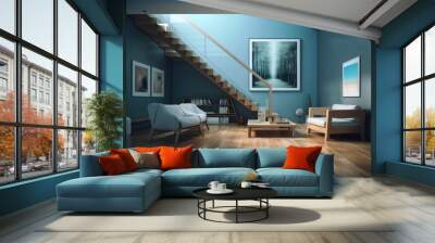 Interior of a living room with hardwood floors, blue walls, and a white armchair perched atop steps next to a round coffee table in the foreground. Generative AI Wall mural